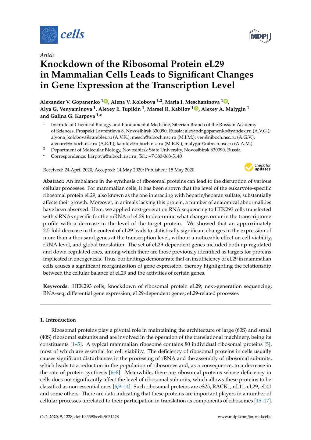 Knockdown of the Ribosomal Protein El29 in Mammalian Cells Leads to Signiﬁcant Changes in Gene Expression at the Transcription Level