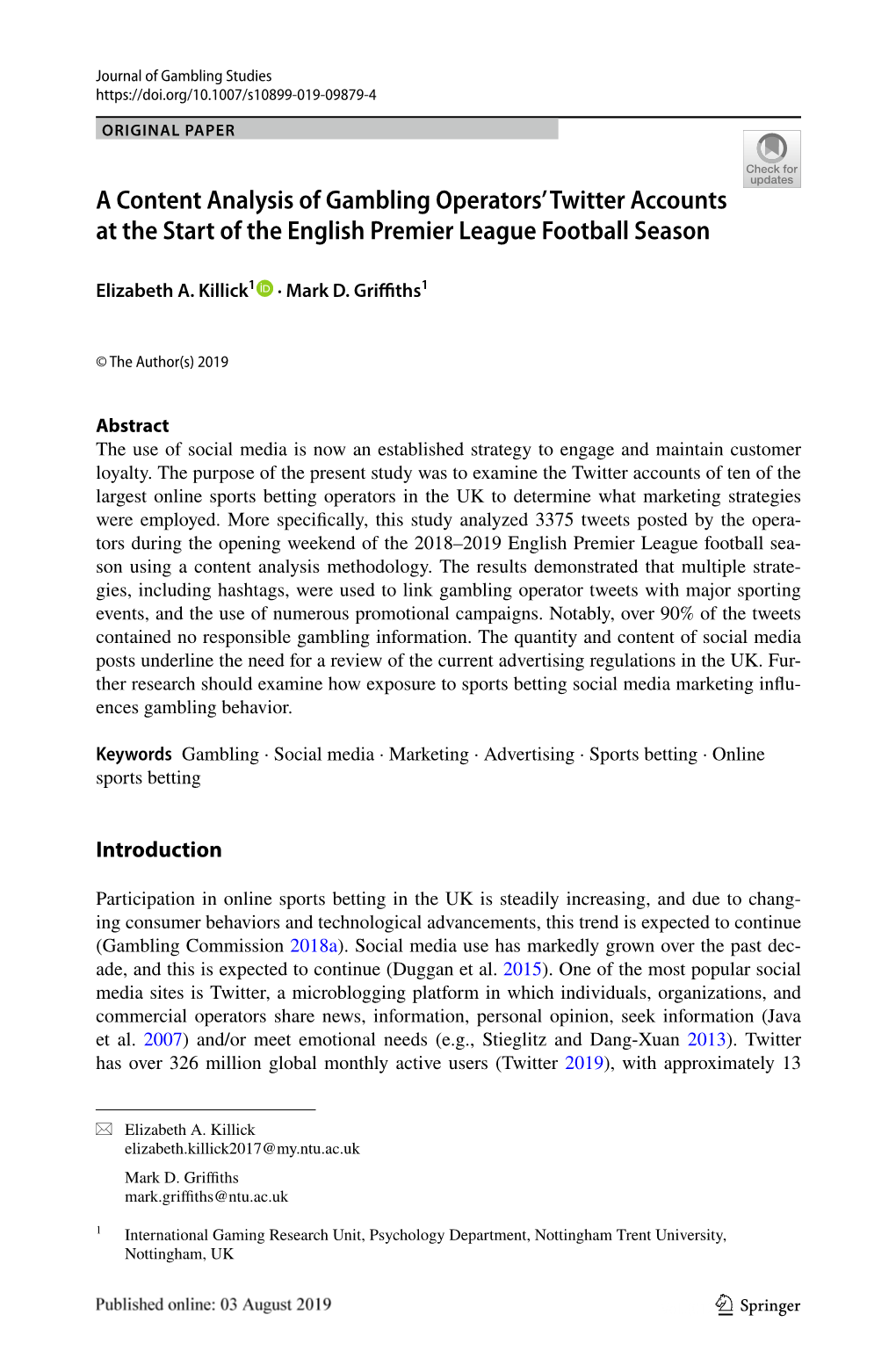 A Content Analysis of Gambling Operators' Twitter