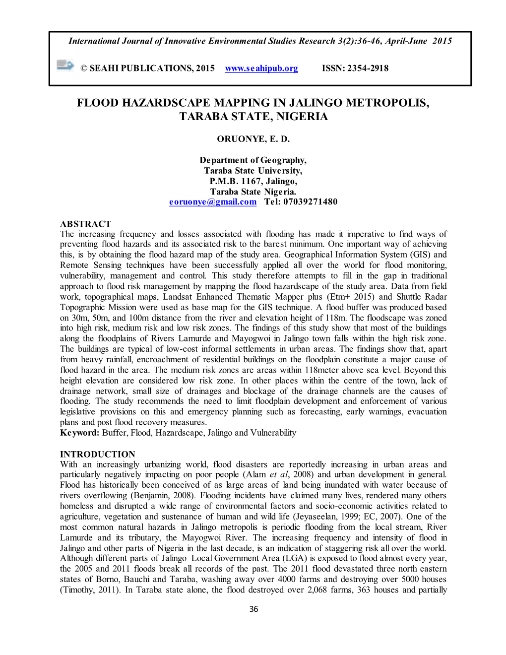 Flood Hazardscape Mapping in Jalingo Metropolis, Taraba State, Nigeria