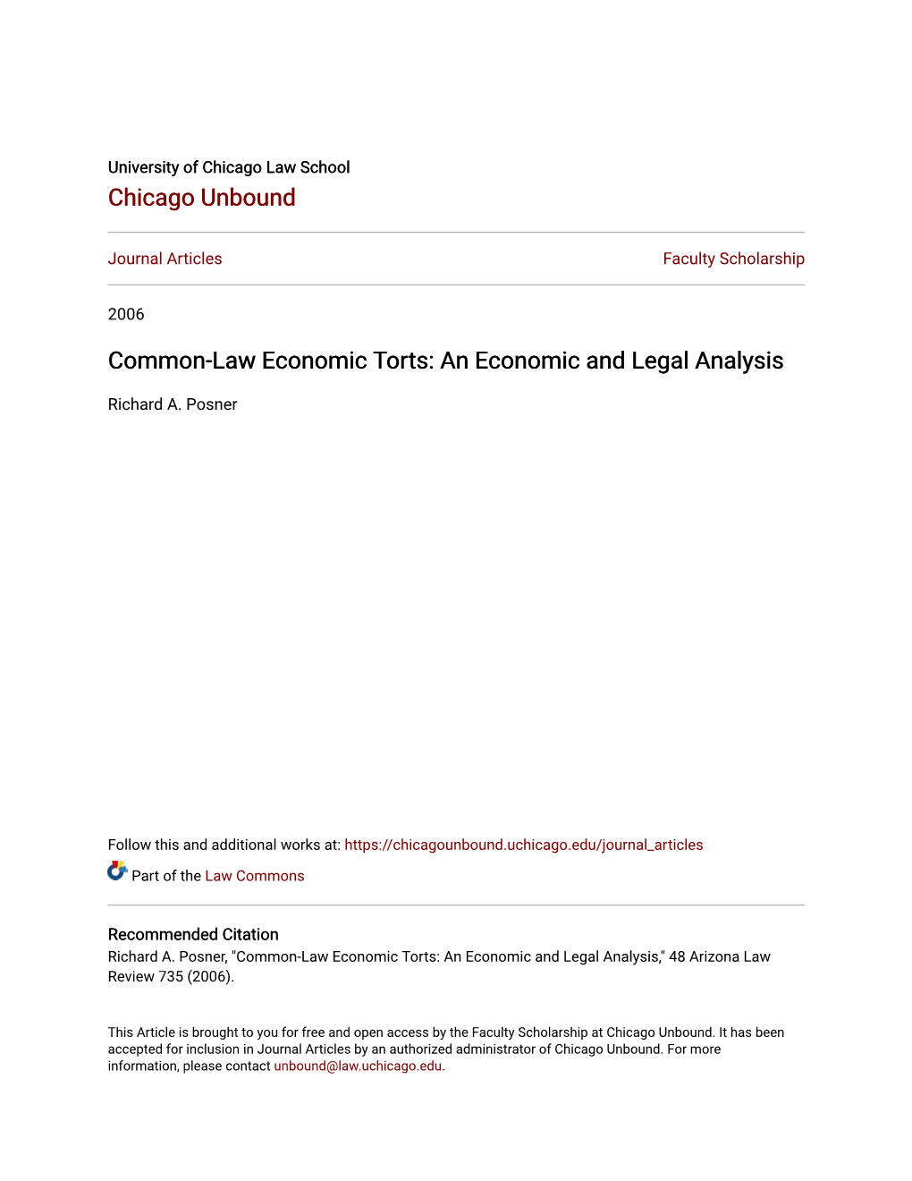Common-Law Economic Torts: an Economic and Legal Analysis