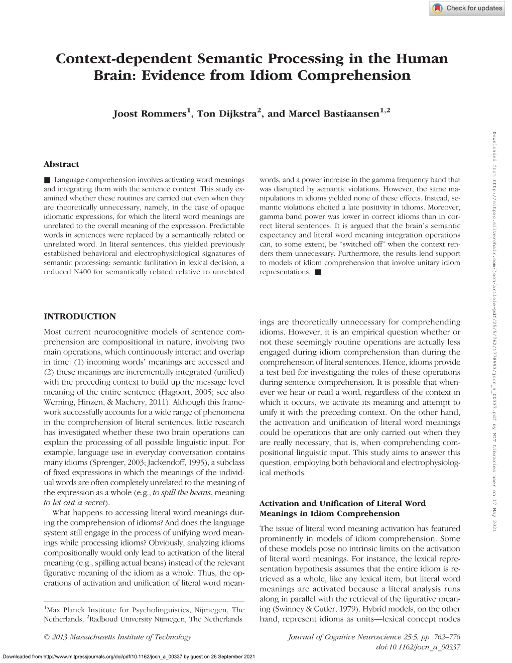 Context-Dependent Semantic Processing in the Human Brain: Evidence from Idiom Comprehension