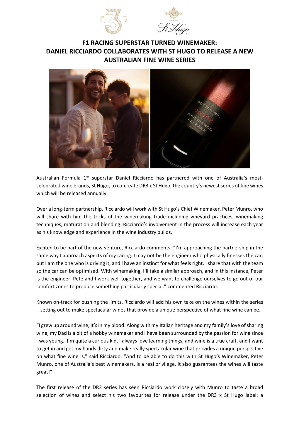 F1 Racing Superstar Turned Winemaker: Daniel Ricciardo Collaborates with St Hugo to Release a New Australian Fine Wine Series