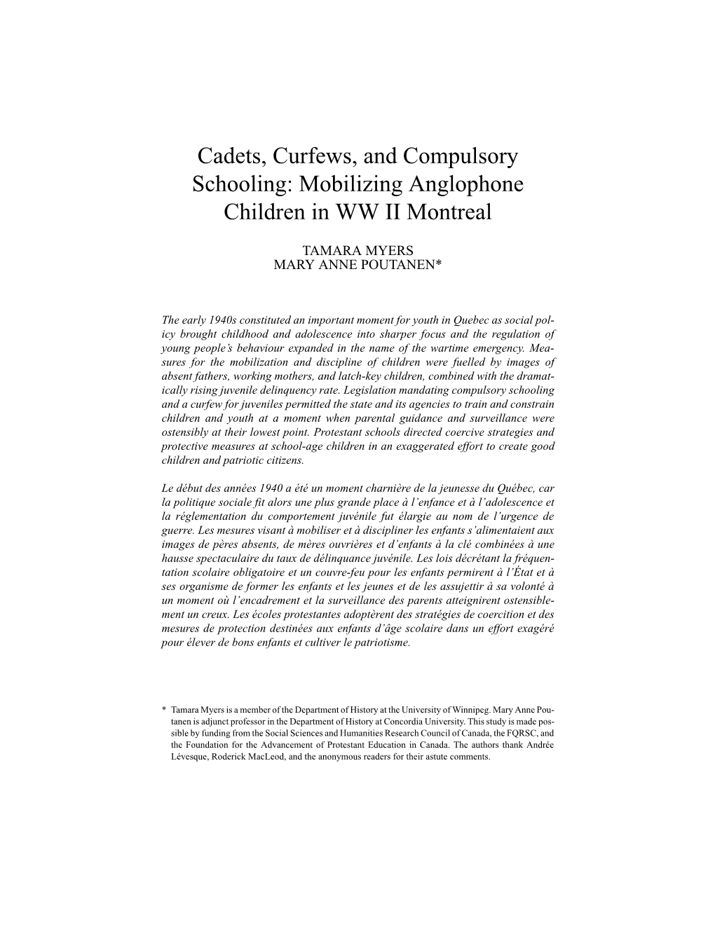 Cadets, Curfews, and Compulsory Schooling: Mobilizing Anglophone Children in WW II Montreal