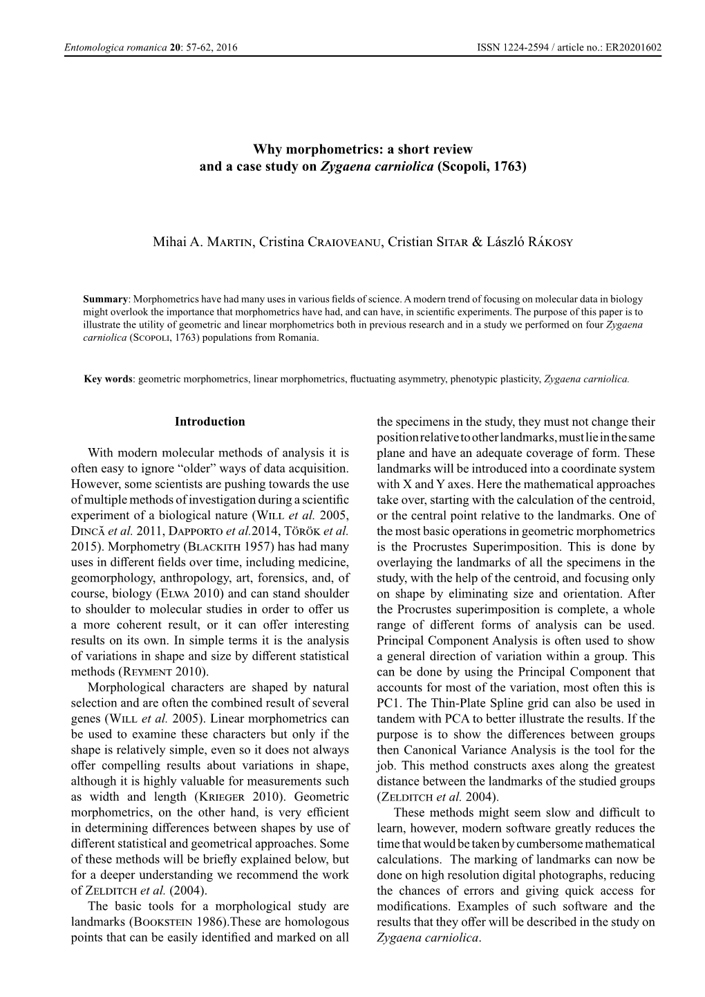 Why Morphometrics: a Short Review and a Case Study on Zygaena Carniolica (Scopoli, 1763)