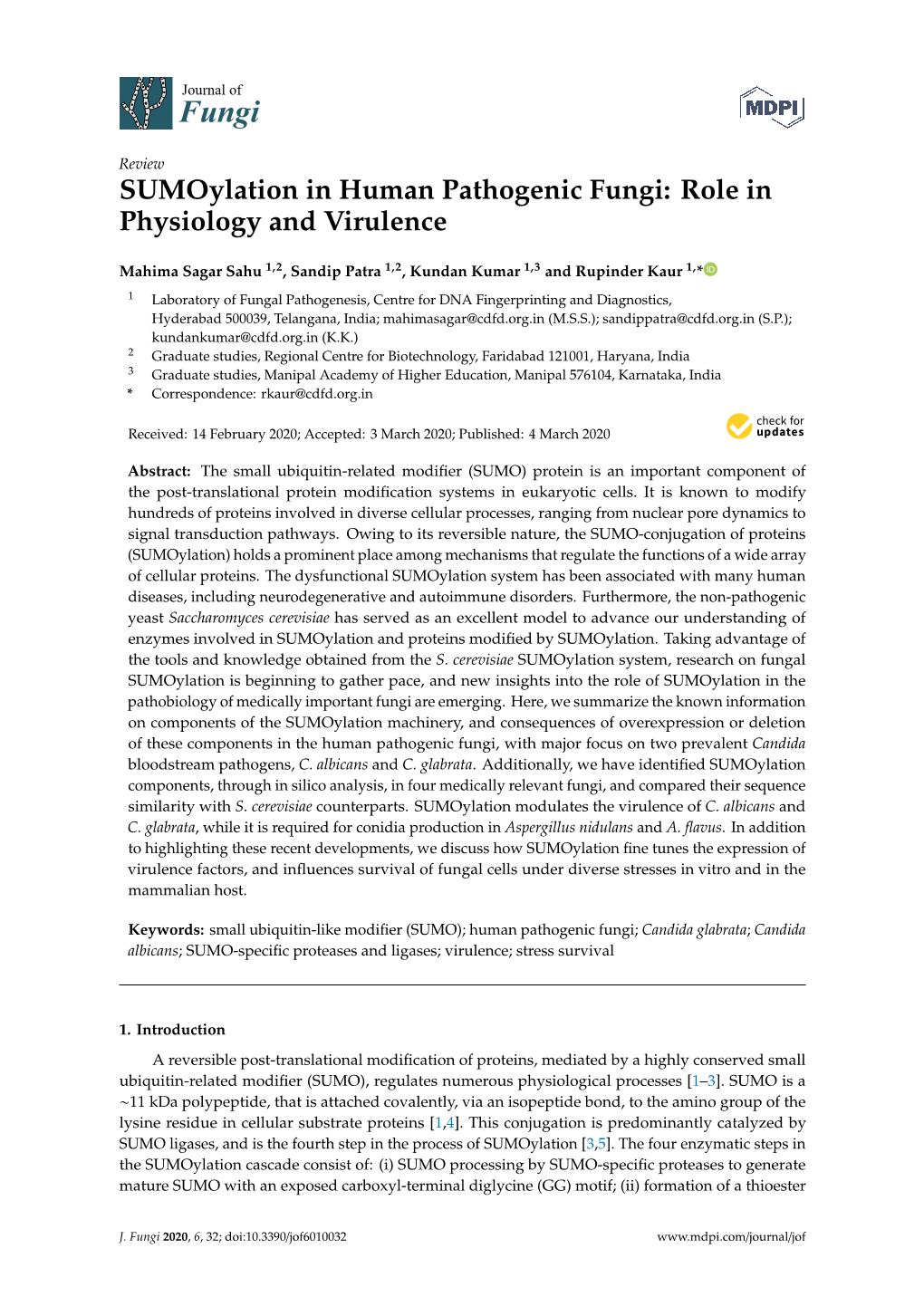 Sumoylation in Human Pathogenic Fungi: Role in Physiology and Virulence