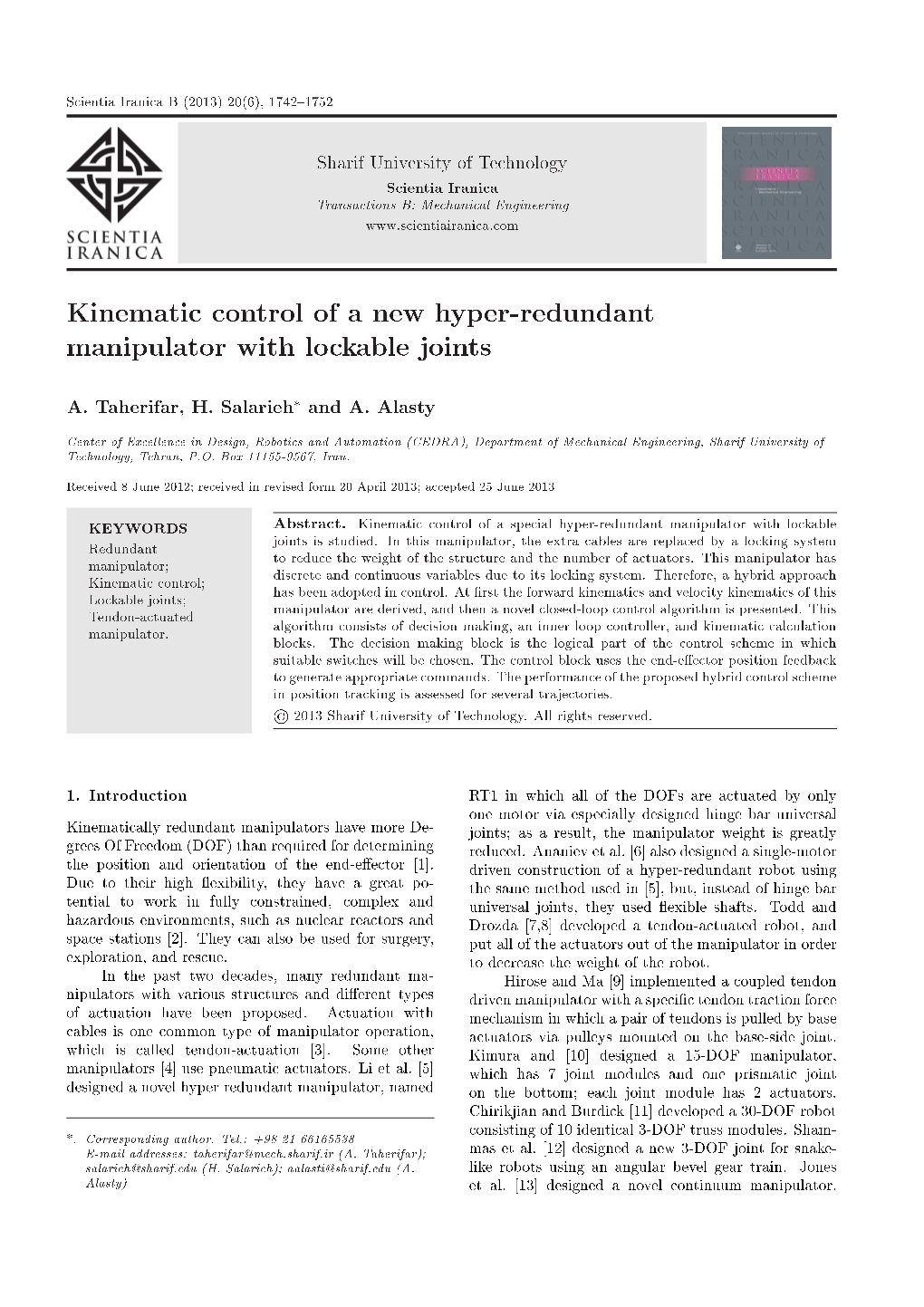 Kinematic Control of a New Hyper-Redundant Manipulator with Lockable Joints