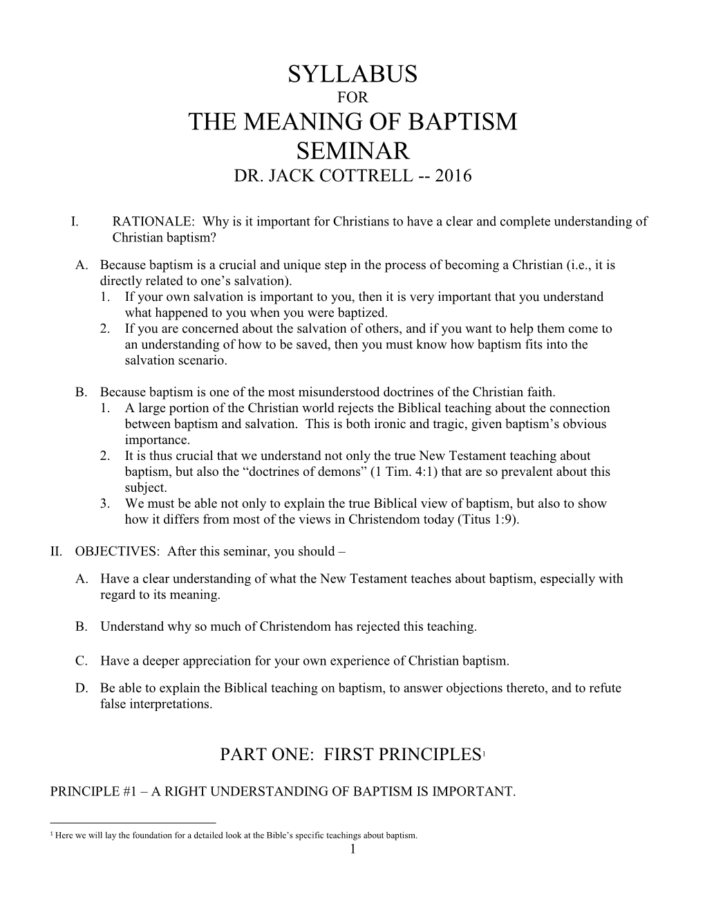 Syllabus the Meaning of Baptism Seminar