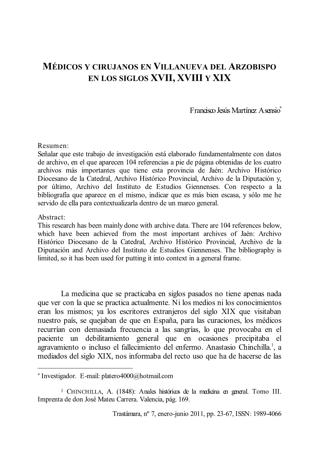 Médicos Y Cirujanos En Villanueva Del Arzobispo En Los Siglos Xvii, Xviii Y Xix