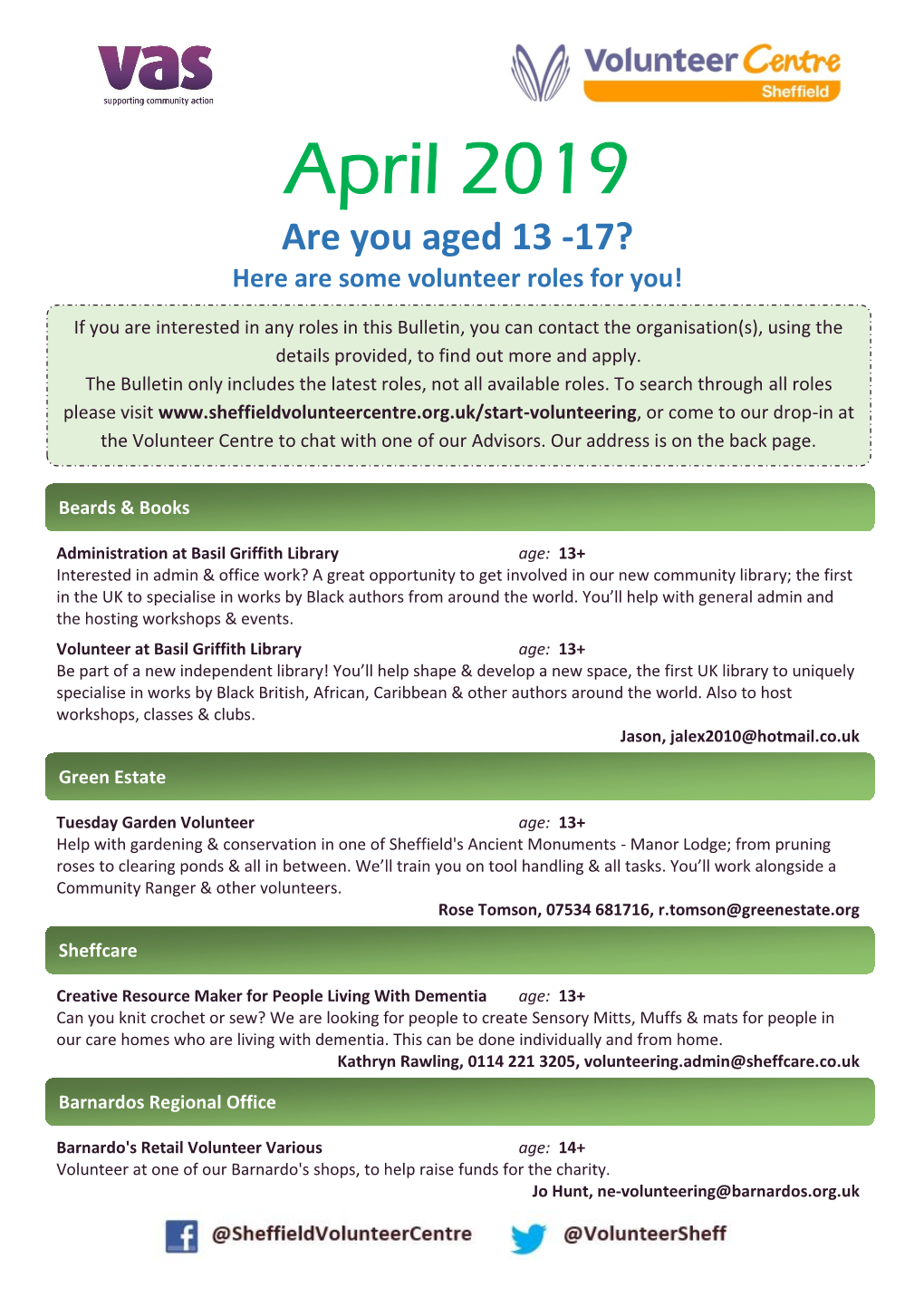 April 2019 Are You Aged 13 -17? Here Are Some Volunteer Roles for You!