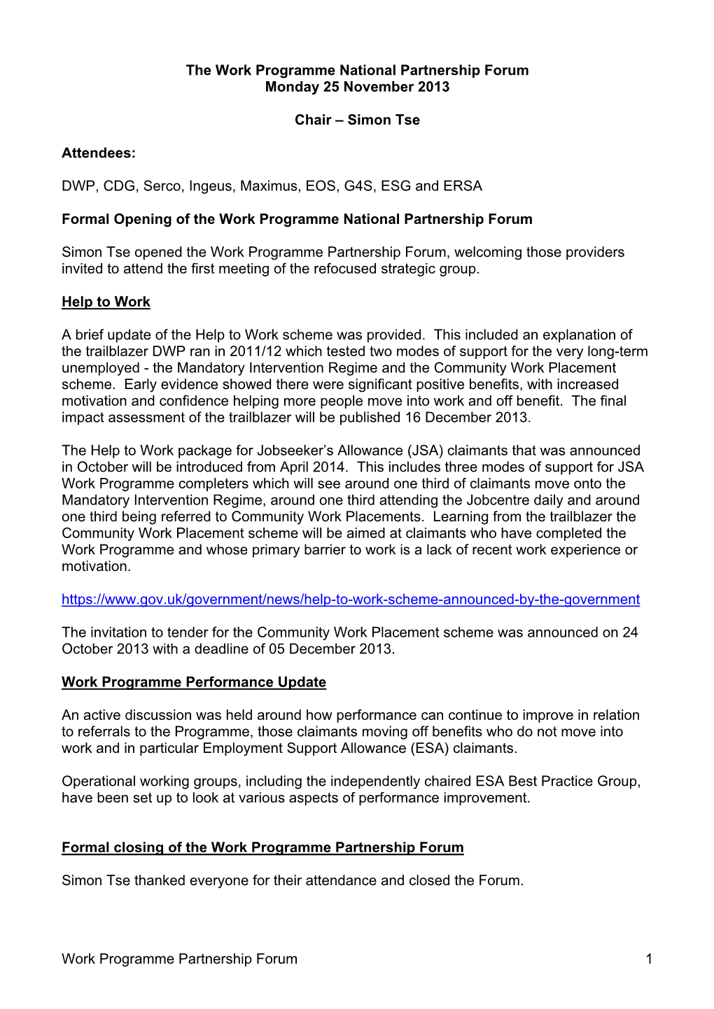 The Work Programme National Partnership Forum Monday 25 November 2013