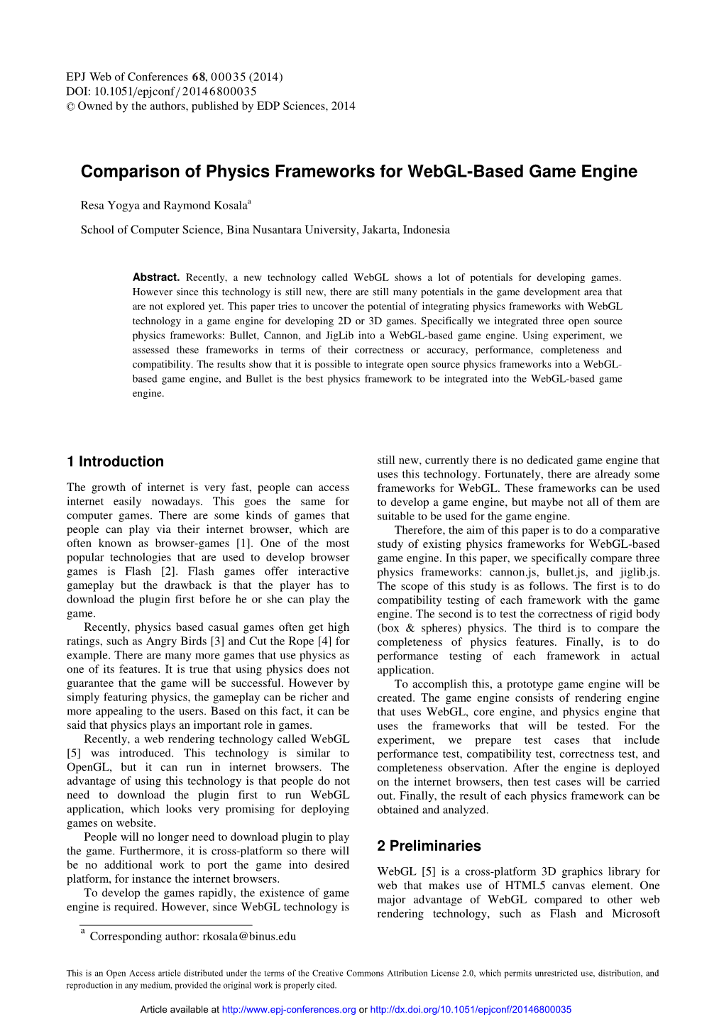 Comparison of Physics Frameworks for Webgl-Based Game Engine