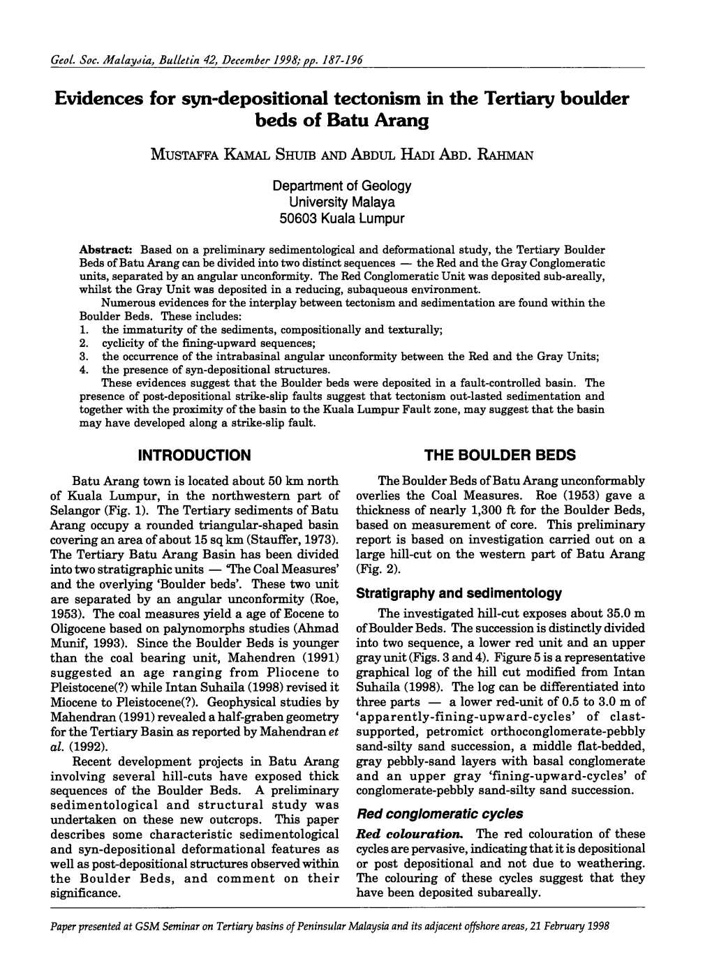 Evidences for Syn-Depositionai Tectonism in the Tertiary Boulder Beds of Batu Arang