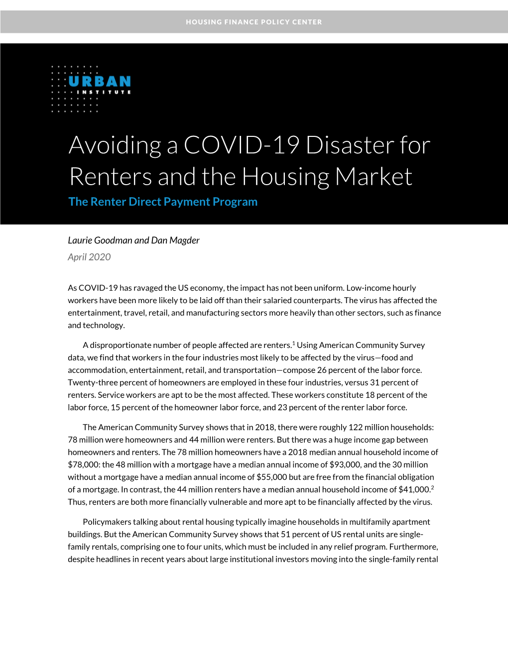 Avoiding a COVID-19 Disaster for Renters and the Housing Market the Renter Direct Payment Program