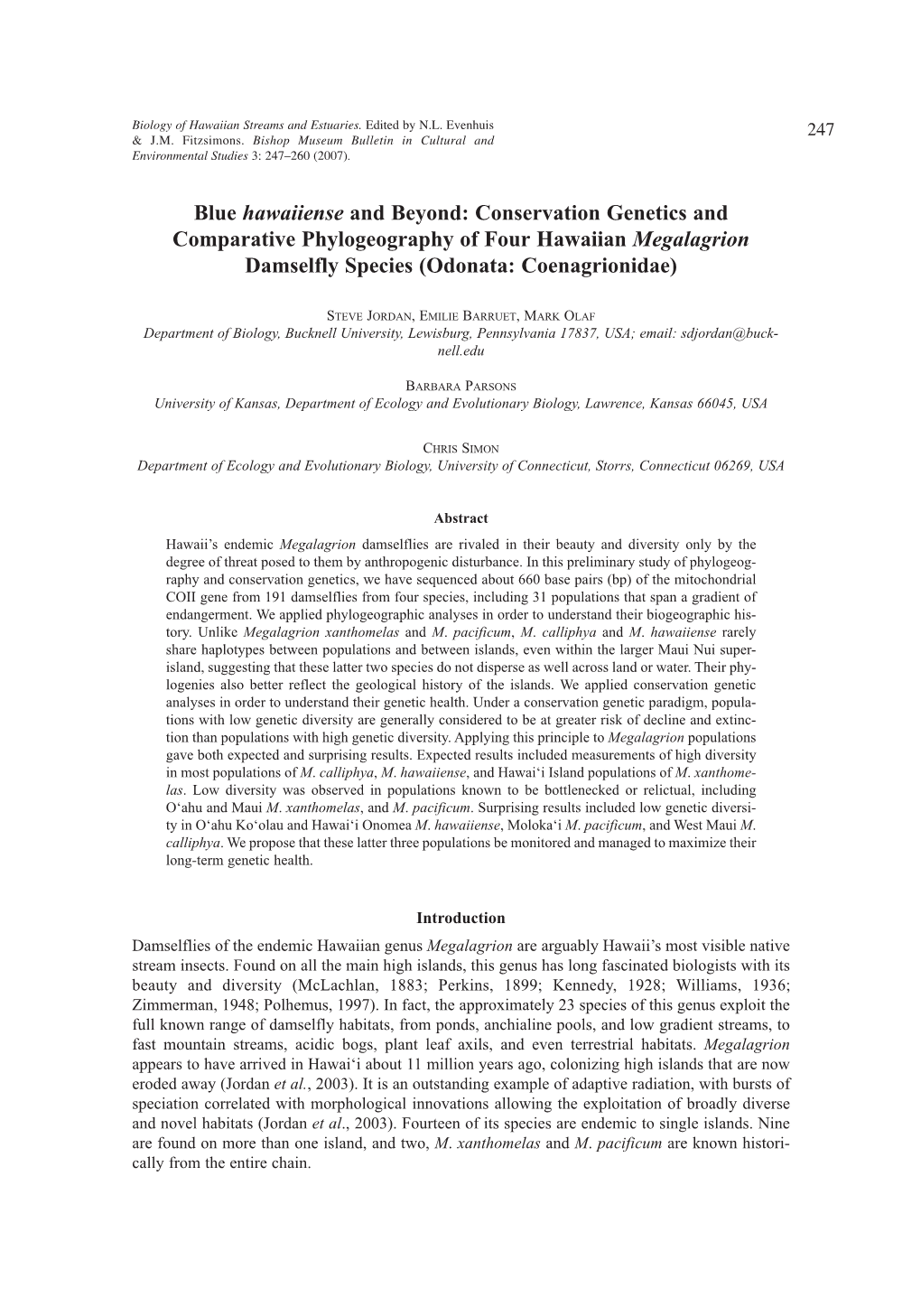 Conservation Genetics and Comparative Phylogeography of Four Hawaiian Megalagrion Damselfly Species (Odonata: Coenagrionidae)