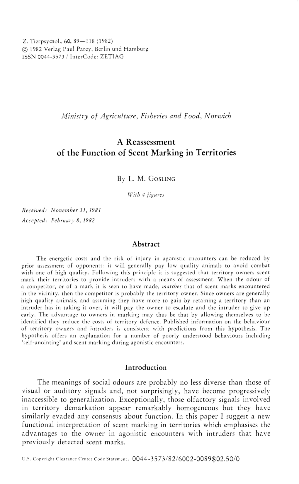 A Reassessment of the Function of Scent Marking in Territories