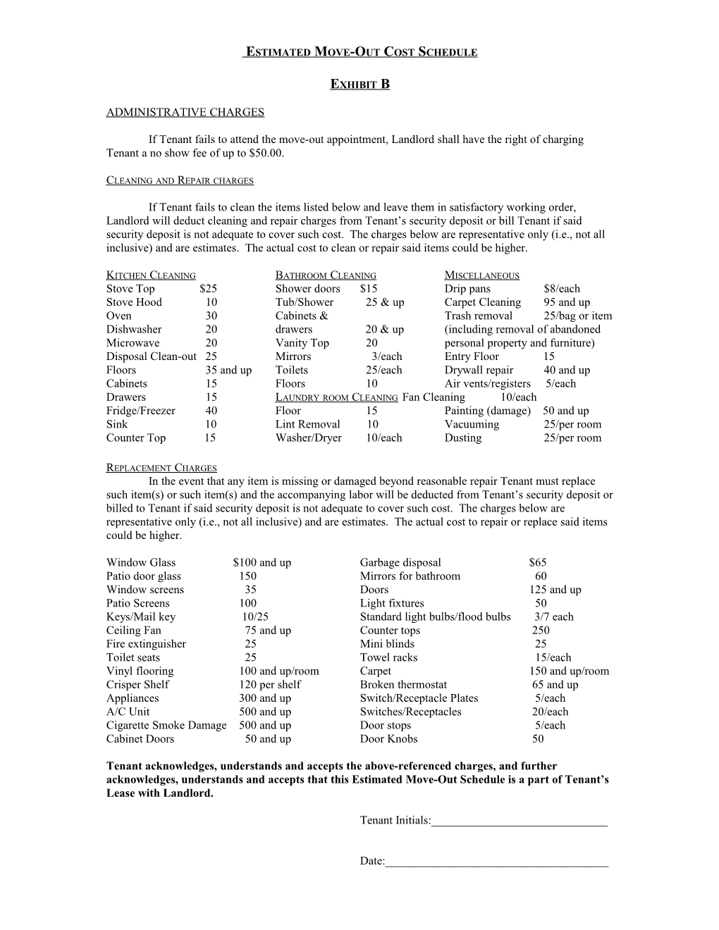 Estimated Move-Out Cost Schedule