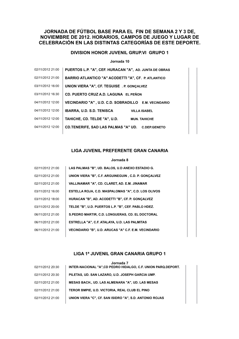 Jornada De Fútbol Base Para El Fin De Semana 2 Y 3 De, Noviembre De 2012