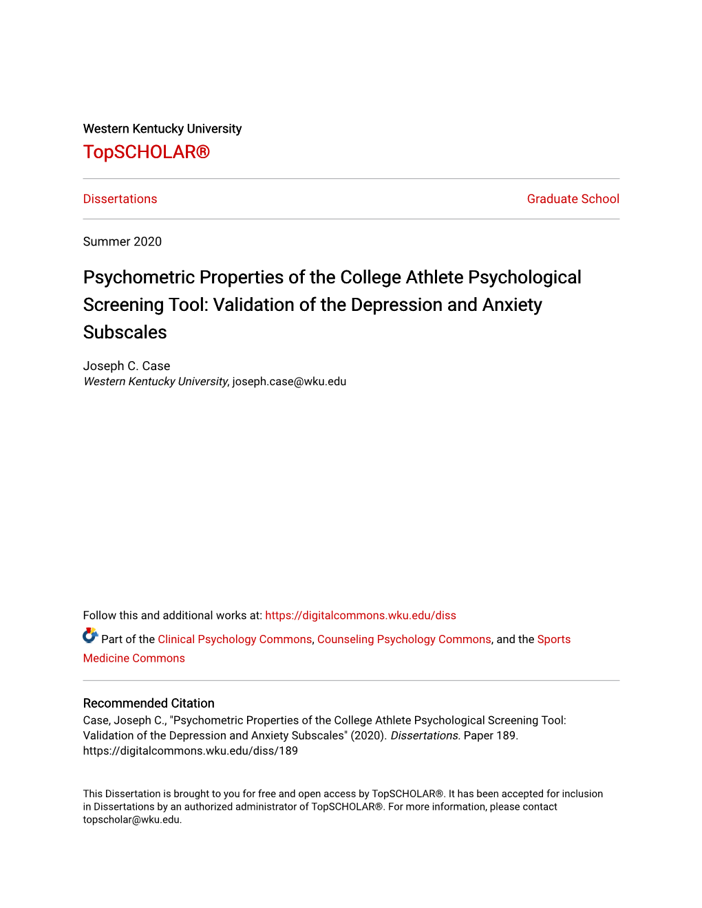 Psychometric Properties of the College Athlete Psychological Screening Tool: Validation of the Depression and Anxiety Subscales