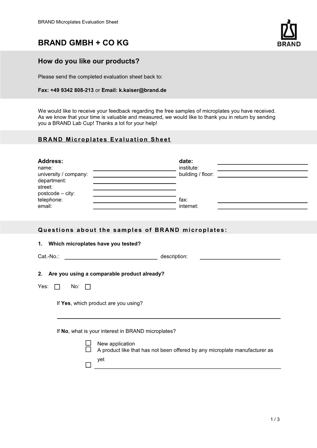 BRAND Microplates Evaluation Sheet