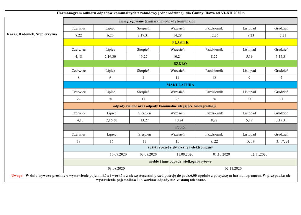 Harmonogram Odbioru Odpadów Komunalnych Z Zabudowy Jednorodzinnej Dla Gminy Iława Od VI-XII 2020 R