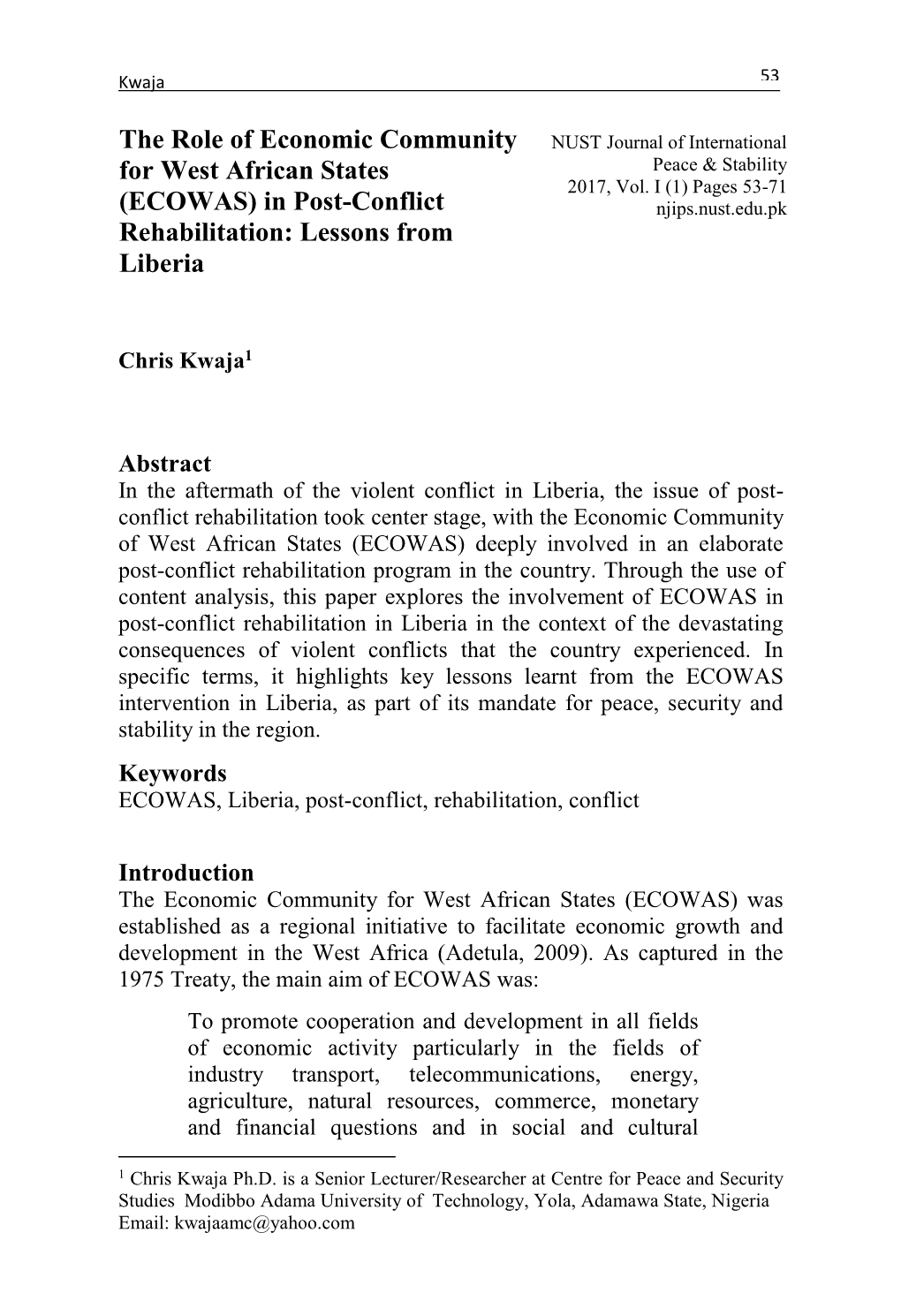 ECOWAS) in Post-Conflict Njips.Nust.Edu.Pk Rehabilitation: Lessons from Liberia