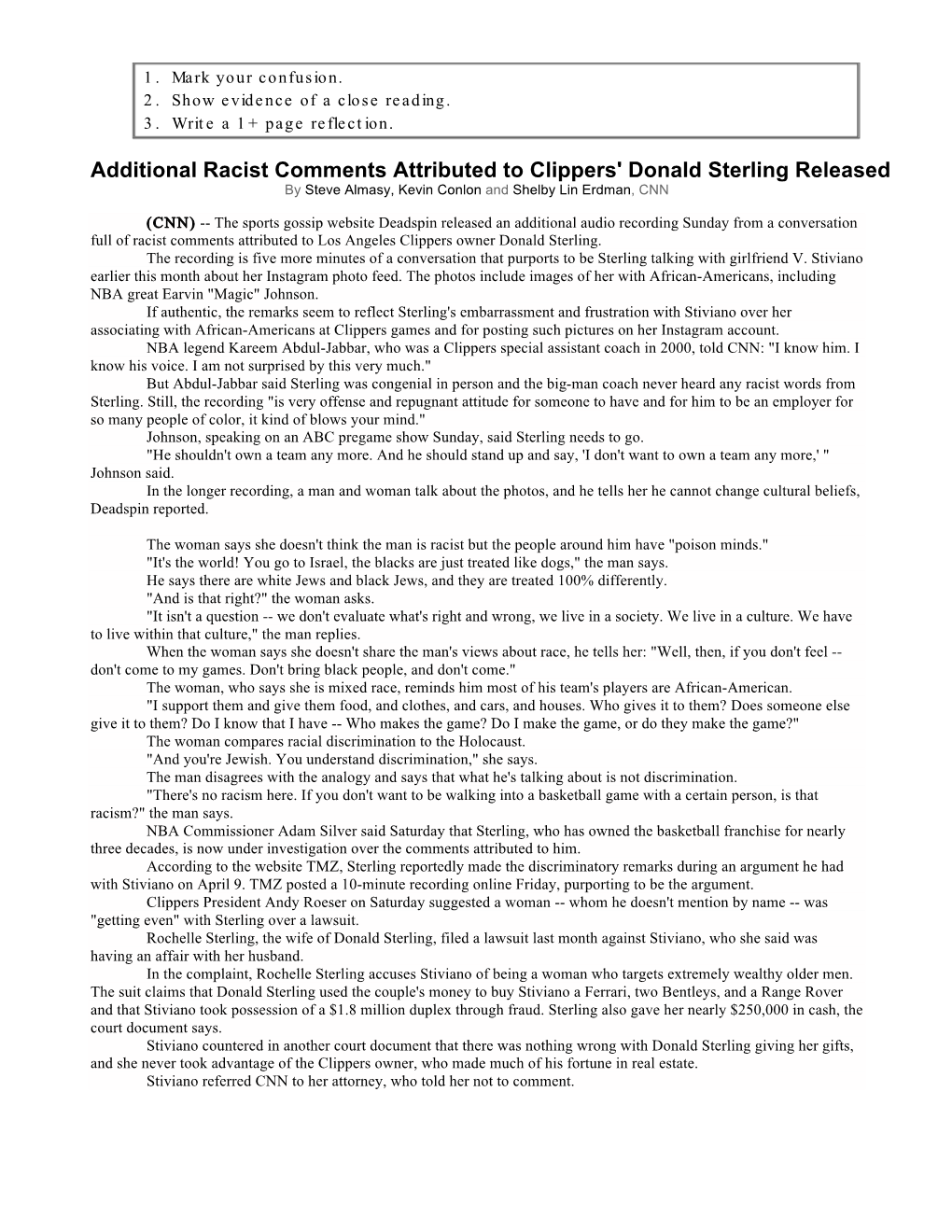 Additional Racist Comments Attributed to Clippers' Donald Sterling Released by Steve Almasy, Kevin Conlon and Shelby Lin Erdman, CNN