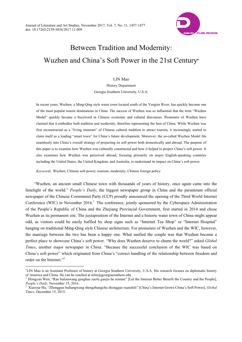 Between Tradition and Modernity: Wuzhen and China's Soft Power in the 21St Century