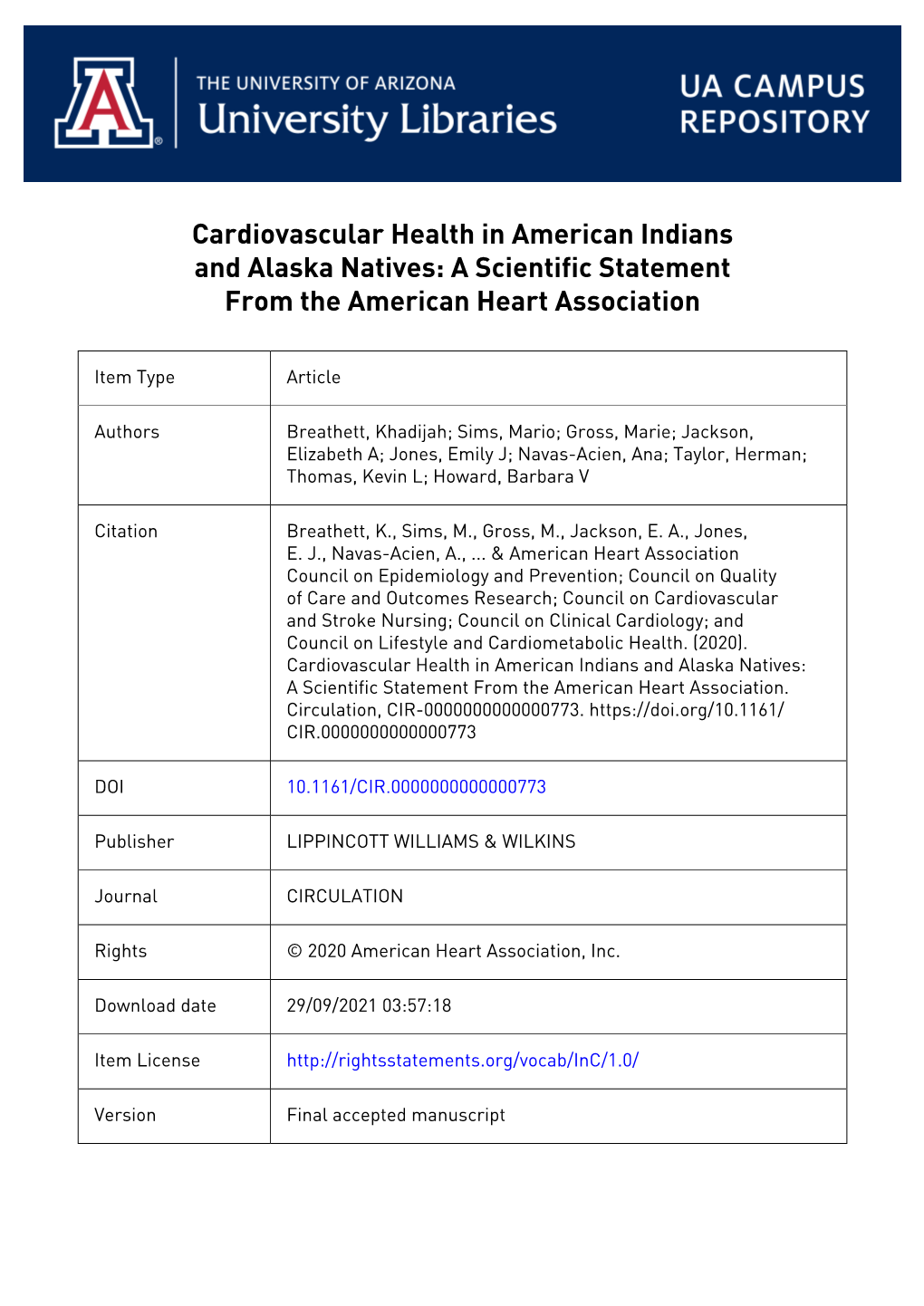 0 Cardiovascular Health in American Indians & Alaska Natives A