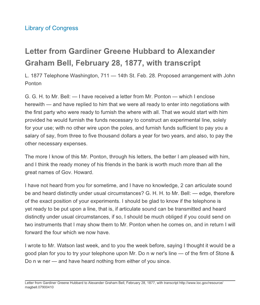 Letter from Gardiner Greene Hubbard to Alexander Graham Bell, February 28, 1877, with Transcript