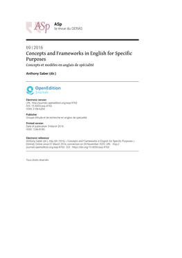 Concepts and Frameworks in English for Specific Purposes Concepts Et Modèles En Anglais De Spécialité