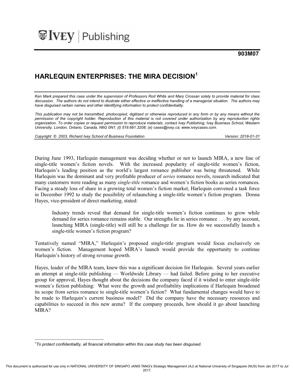 Harlequin Enterprises: the Mira Decision
