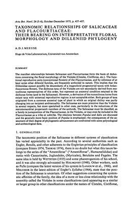Taxonomic Relationships of Salicaceae Flacourtiaceae: Their