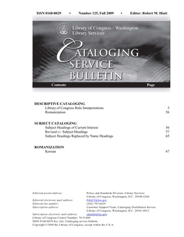 Cataloging Service Bulletin 125, Fall 2009