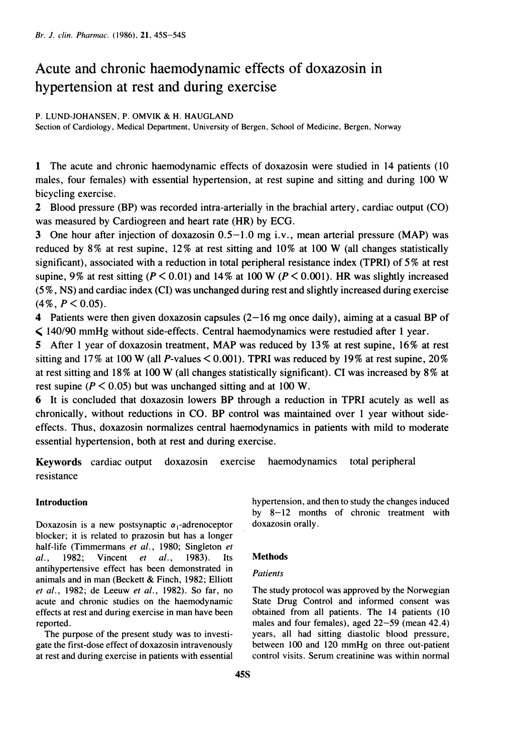 Acute and Chronic Haemodynamic Effects of Doxazosin in Hypertension at Rest and During Exercise