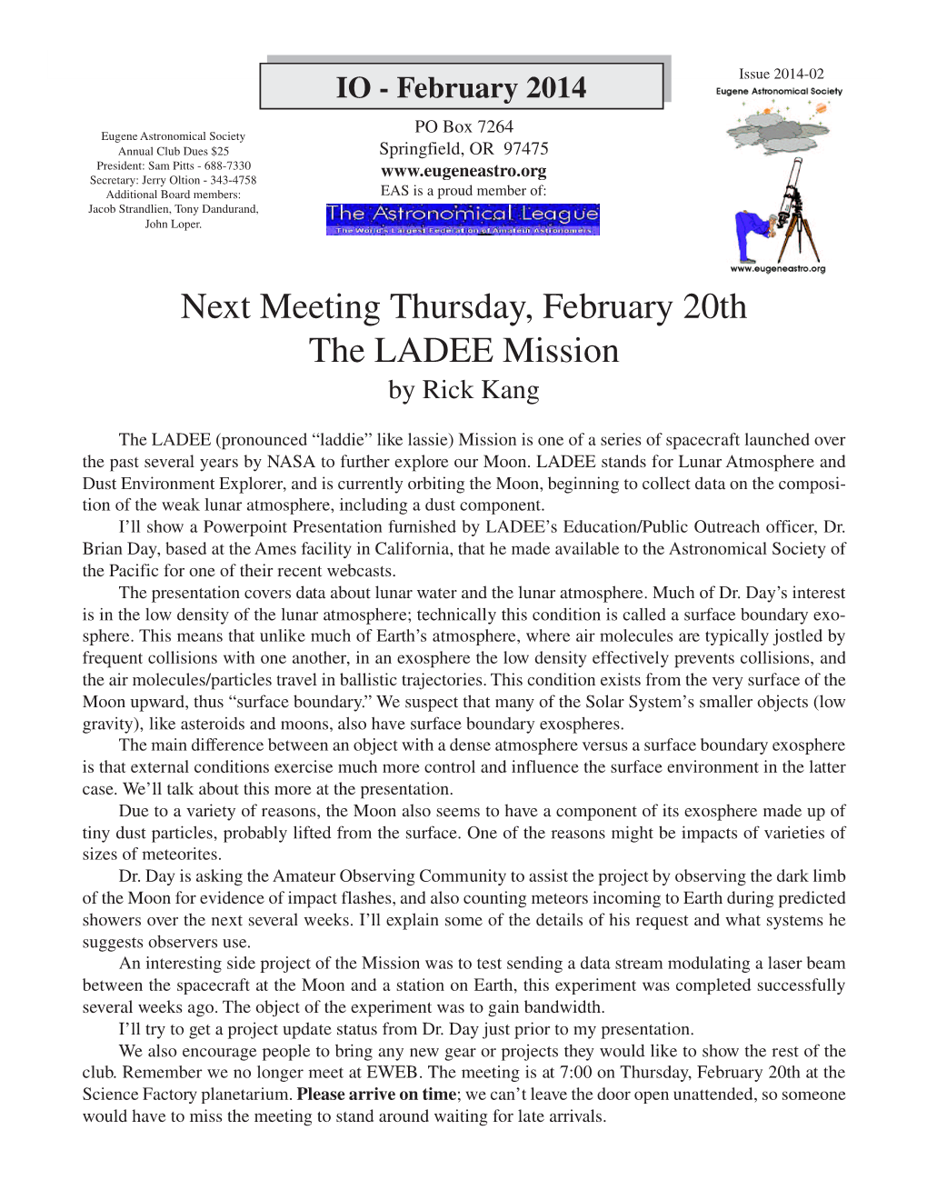 Next Meeting Thursday, February 20Th the LADEE Mission by Rick Kang