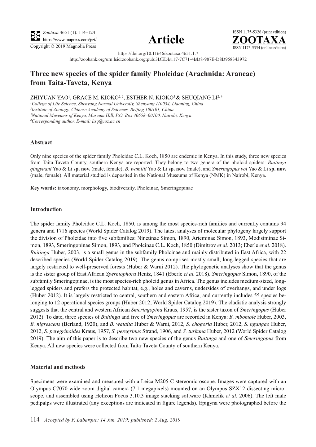 Three New Species of the Spider Family Pholcidae (Arachnida: Araneae) from Taita-Taveta, Kenya