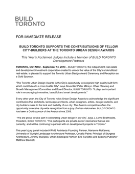 Build Toronto Supports the Contributuions of Fellow City-Builders at the Toronto Urban Design Awards