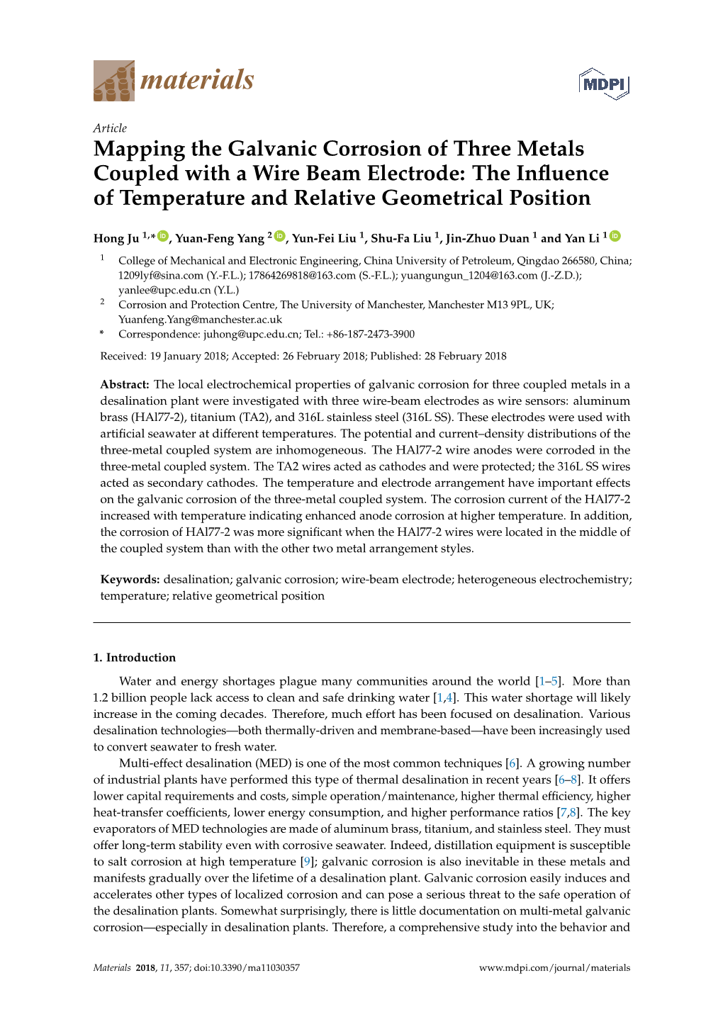 Mapping the Galvanic Corrosion of Three Metals Coupled with a Wire Beam Electrode: the Inﬂuence of Temperature and Relative Geometrical Position