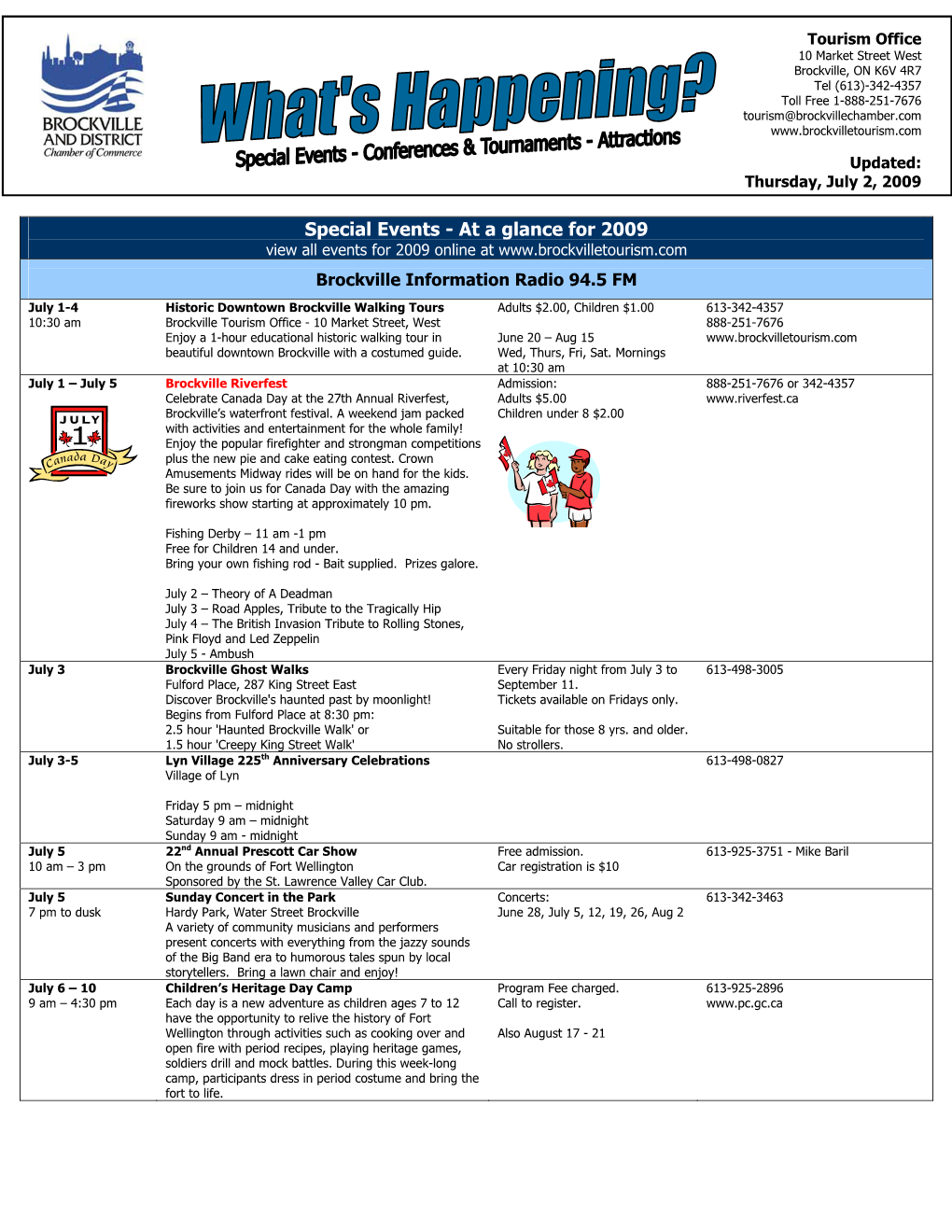 Special Events - at a Glance for 2009 View All Events for 2009 Online At