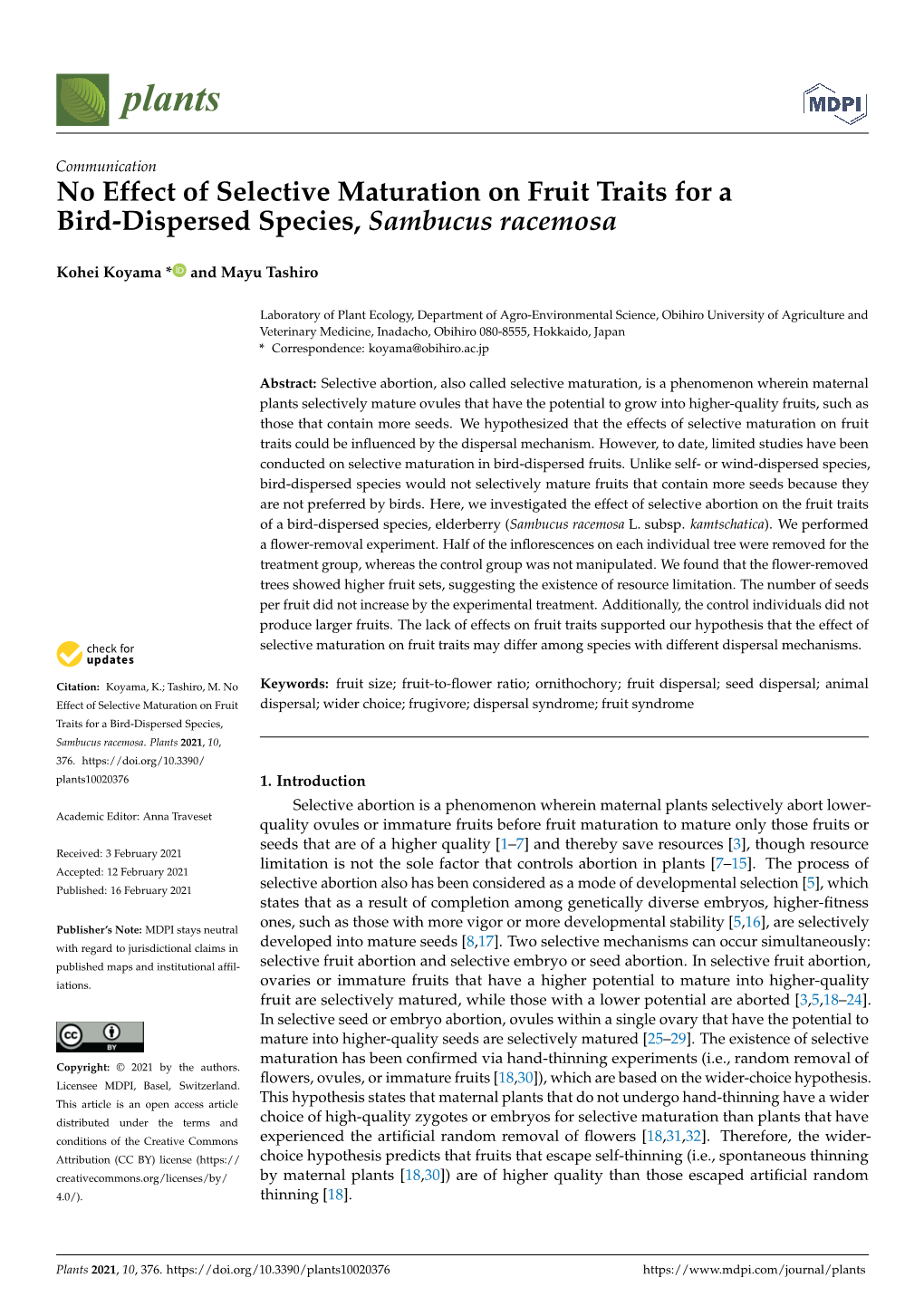 No Effect of Selective Maturation on Fruit Traits for a Bird-Dispersed Species, Sambucus Racemosa