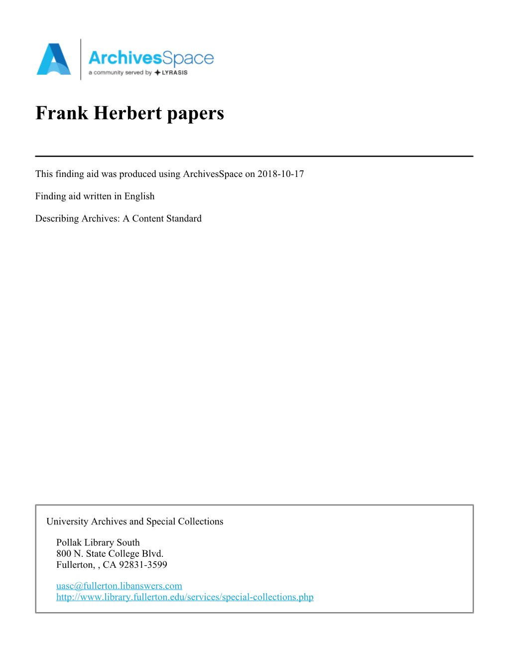 Frank Herbert Papers Finding