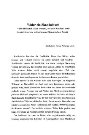 Wider Ein Skandalbuch - Der Streit Über Martin Walsers "Tod Eines Kritikers" Unter Literaturkritischem, Politischem Und Ökonomischem Aspekt