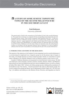 A Study on Some Semitic Toponymic Types of the Second Millennium Bc in the Southern Levant