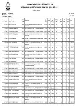 MAHARASHTRA STATE COUNCIL of EXAMINATIONS, PUNE NATIONAL MEANS CUM MERIT SCHOLARSHIP SCHEME EXAM 2013-14 ( STD - 8 Th ) SELECTION LIST