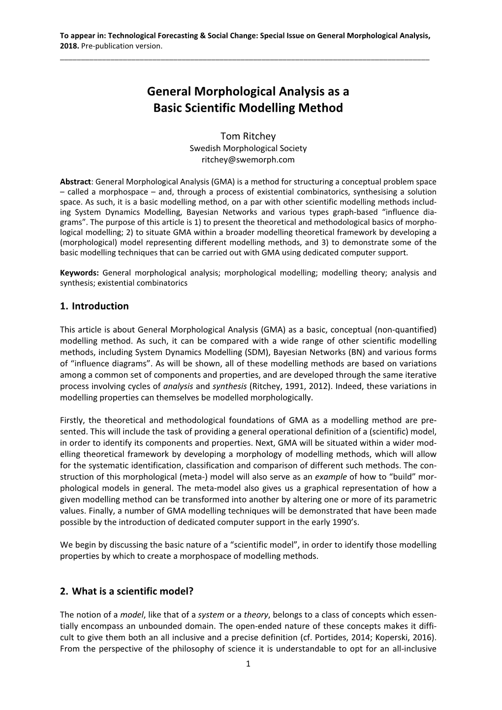 General Morphological Analysis As a Basic Scientific Modelling Method