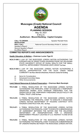 PLANNING SESSION AGENDA – May 18, 2021 – 6:30 P.M