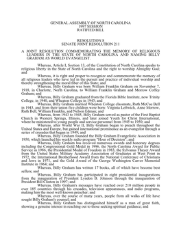 General Assembly of North Carolina 1997 Session Ratified Bill Resolution 8 Senate Joint Resolution 211 a Joint Resolution Commem