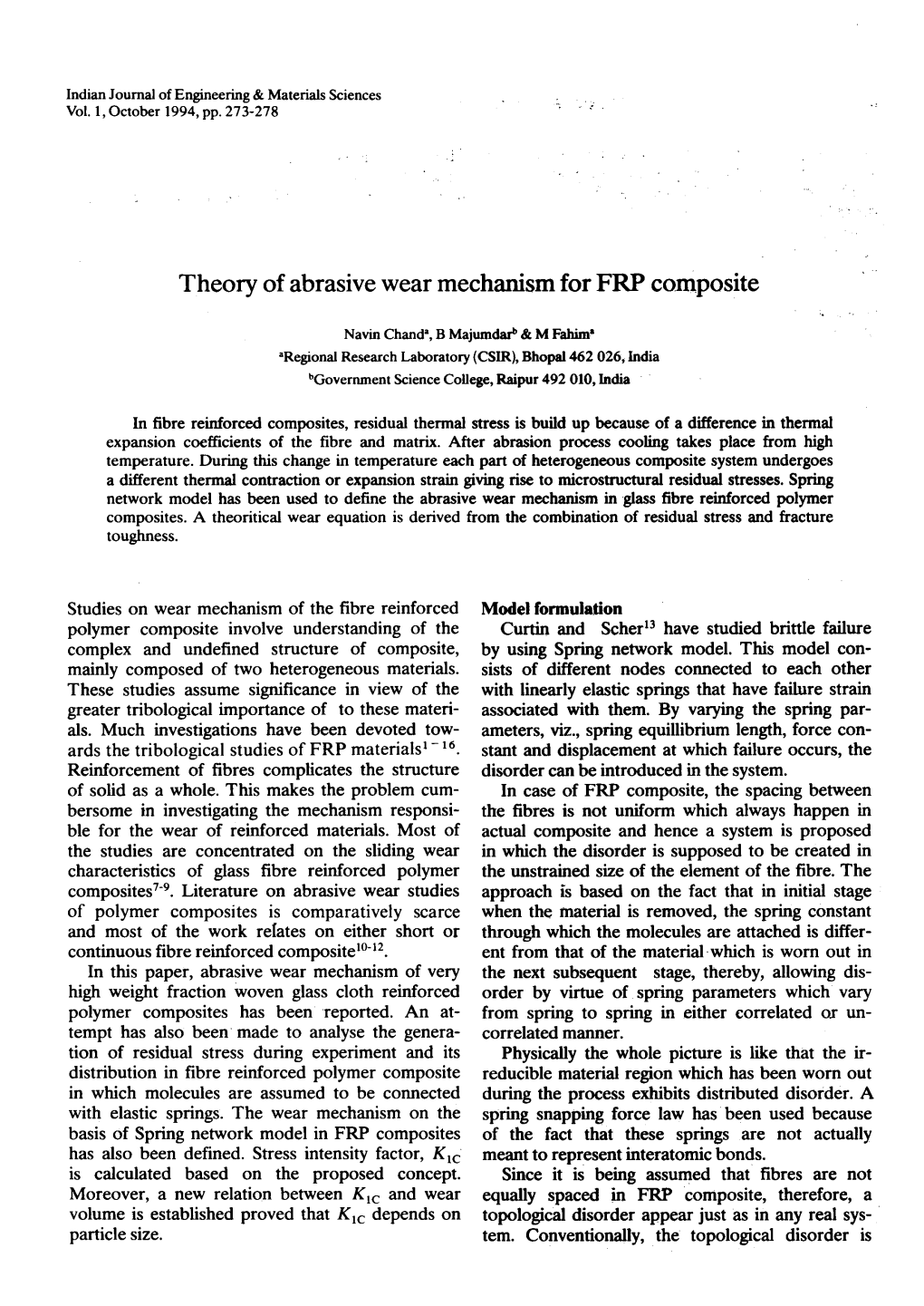 Theory of Abrasive Wear Mechanism for FRP Composite