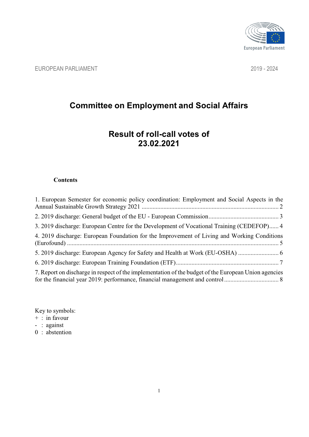 Committee on Employment and Social Affairs Result of Roll-Call Votes