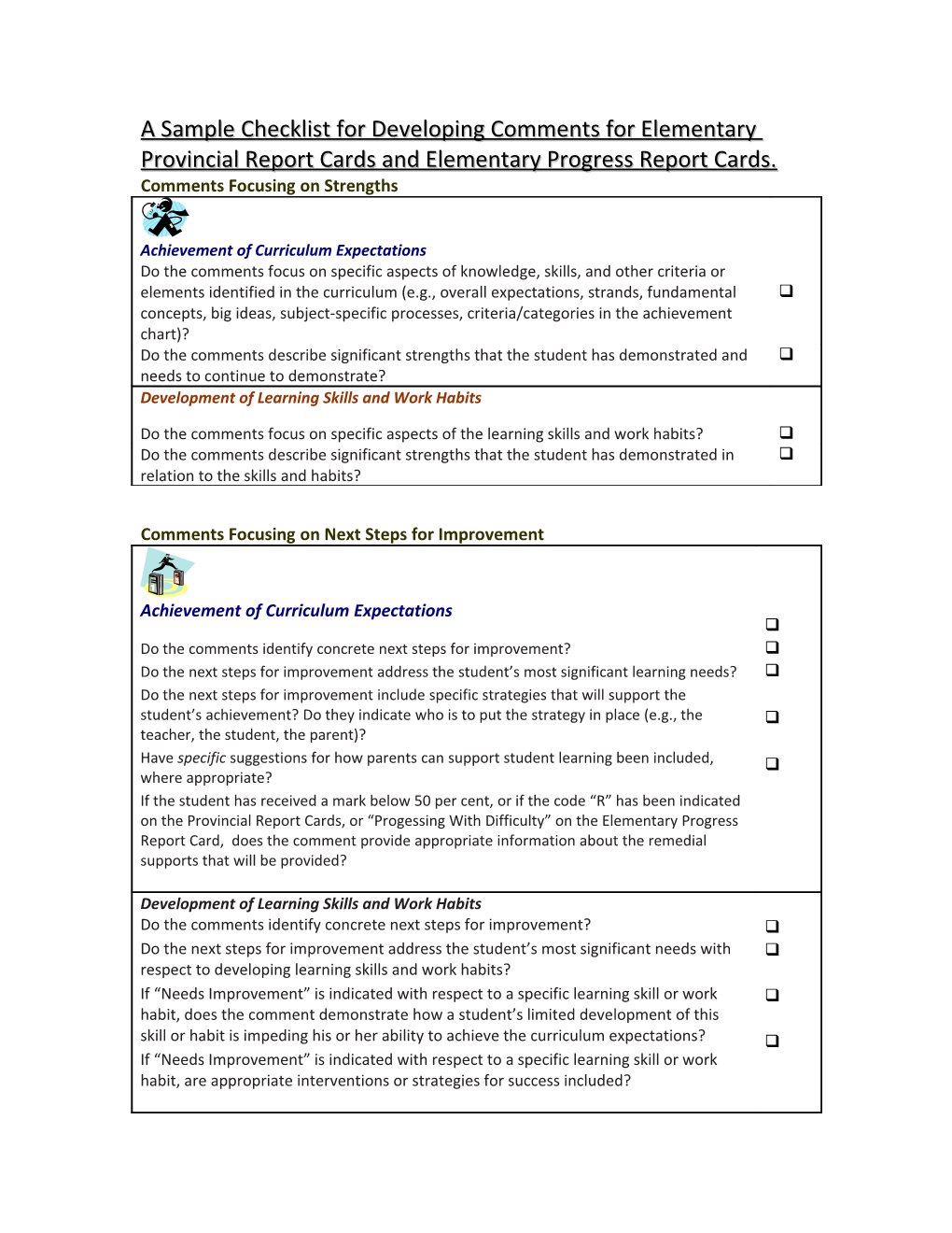 A Checklist for Developing Comments for Provincial Report Cards